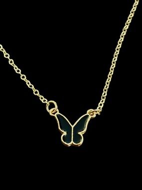 Goldtone  Butterfly Pendant Necklace in Black Enamel
